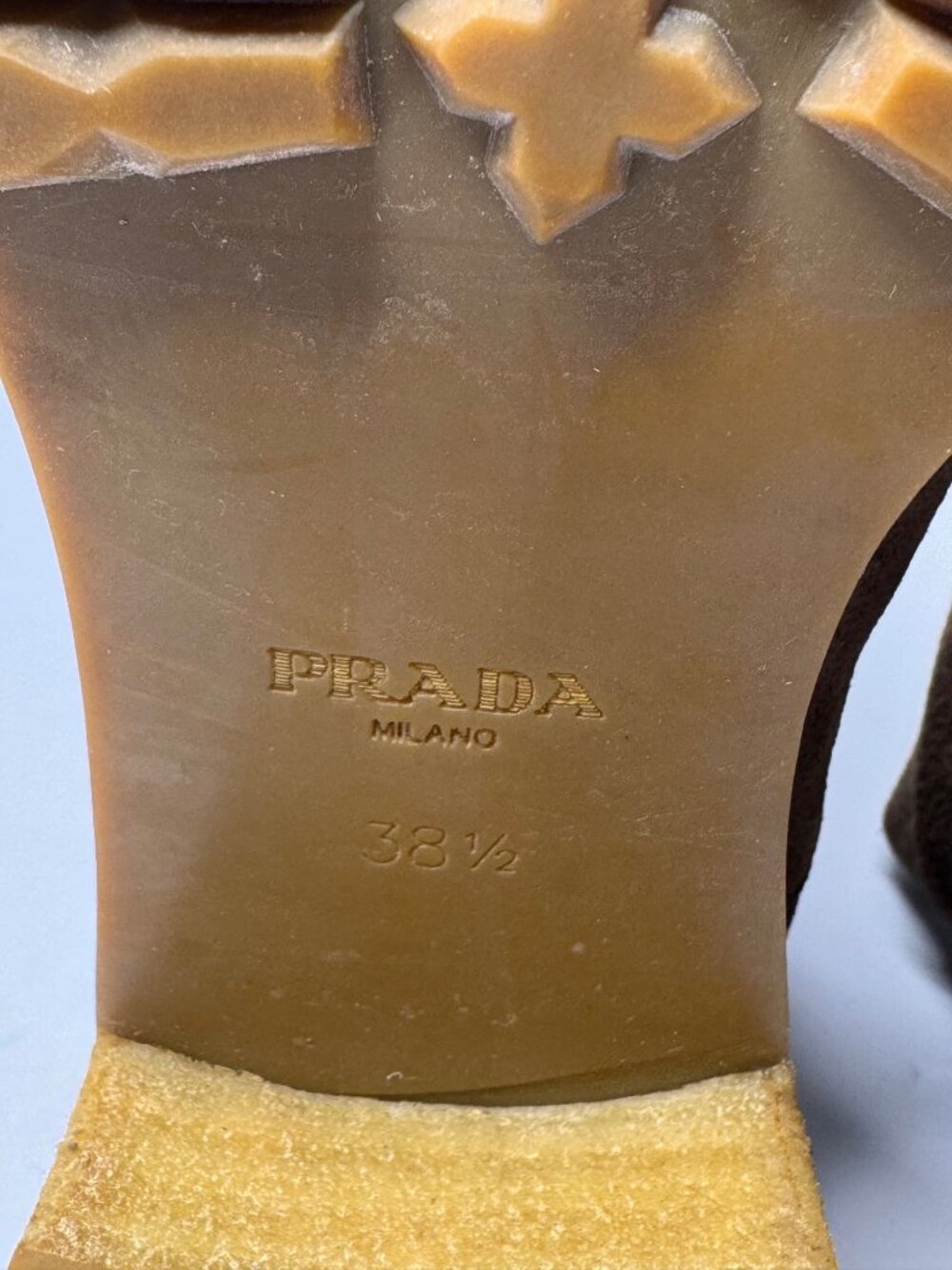 Vintage Prada Milano Brown Suede Calf Knee Lug Sole Moto Rugged Boots 38.5 US8.5 - Picture 10 of 16